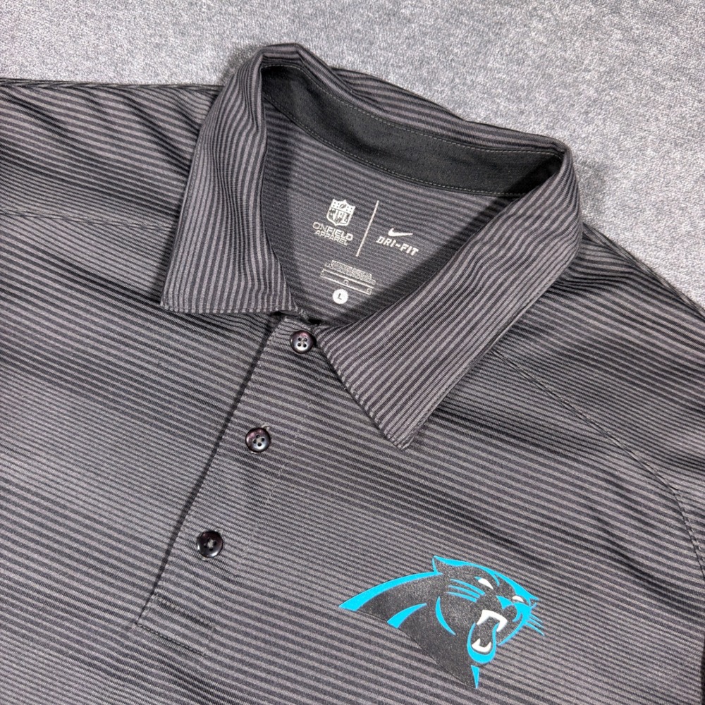Nike Carolina Panthers Polo Mens L Gray Striped NFL Onfield Apparel Dri-Fit